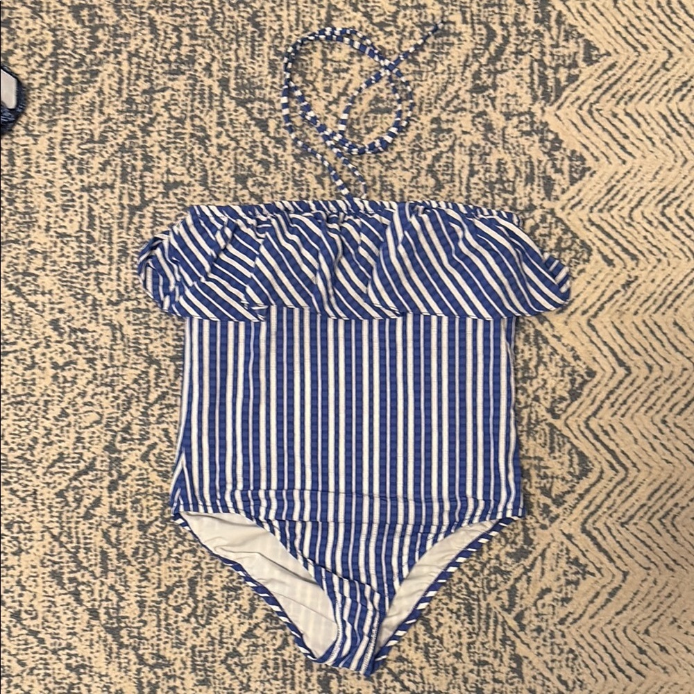 J Crew Tie Neck Ruffle Striped Seersucker Onepiece Swimsuit Size 10